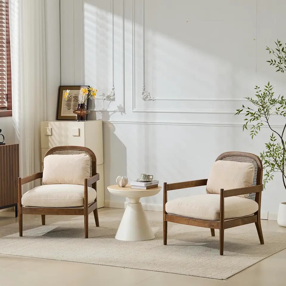 Merax Mid-Century Solid Wood Accent Chair with Rattan Backrest & Cushion, Comfy Modern Reading Armchairs for Bedroom, Living Room, Set of 2 Beige Stripe+Light Brown