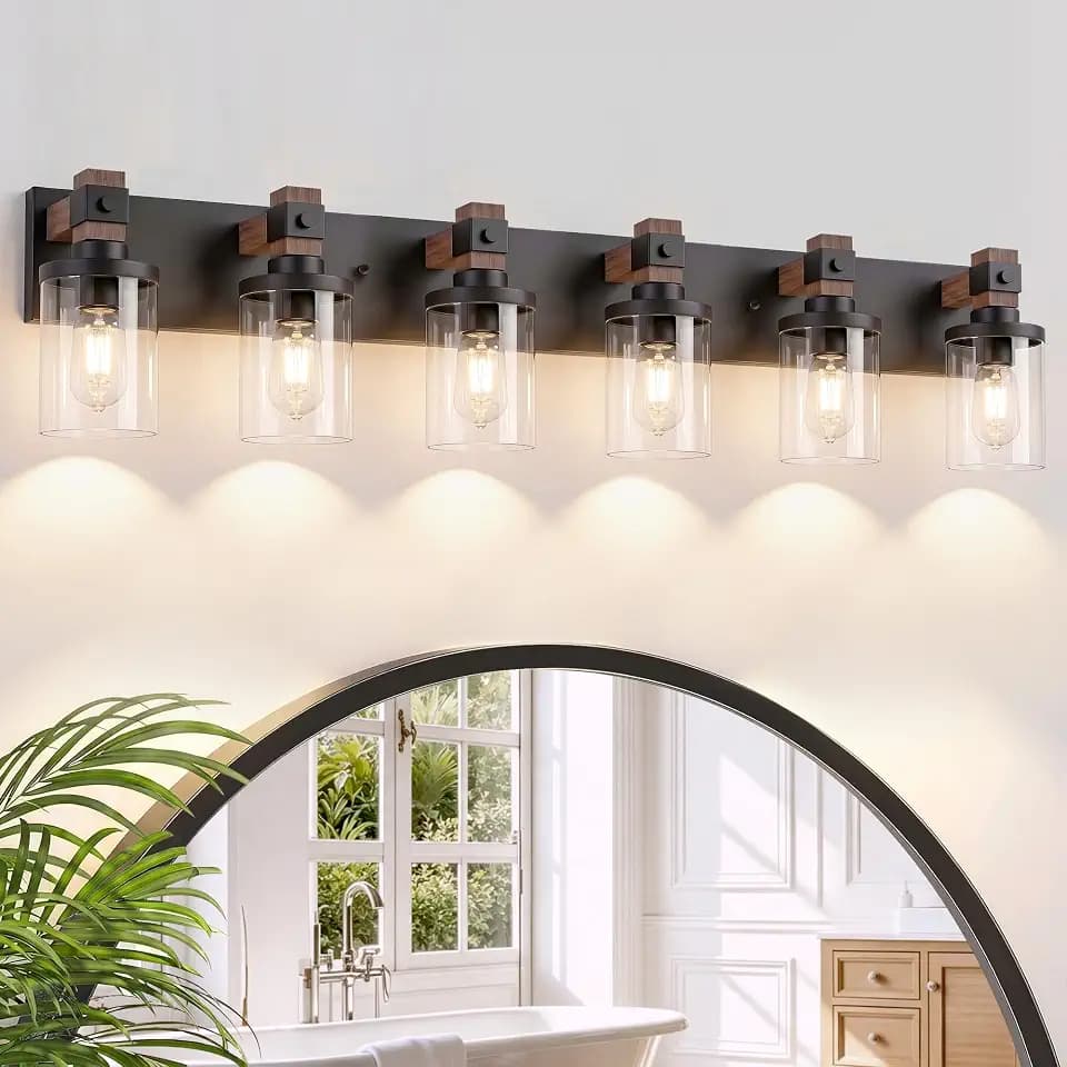 6-Light Farmhouse Bathroom Vanity Light Fixtures, Rustic Wood Over Mirror