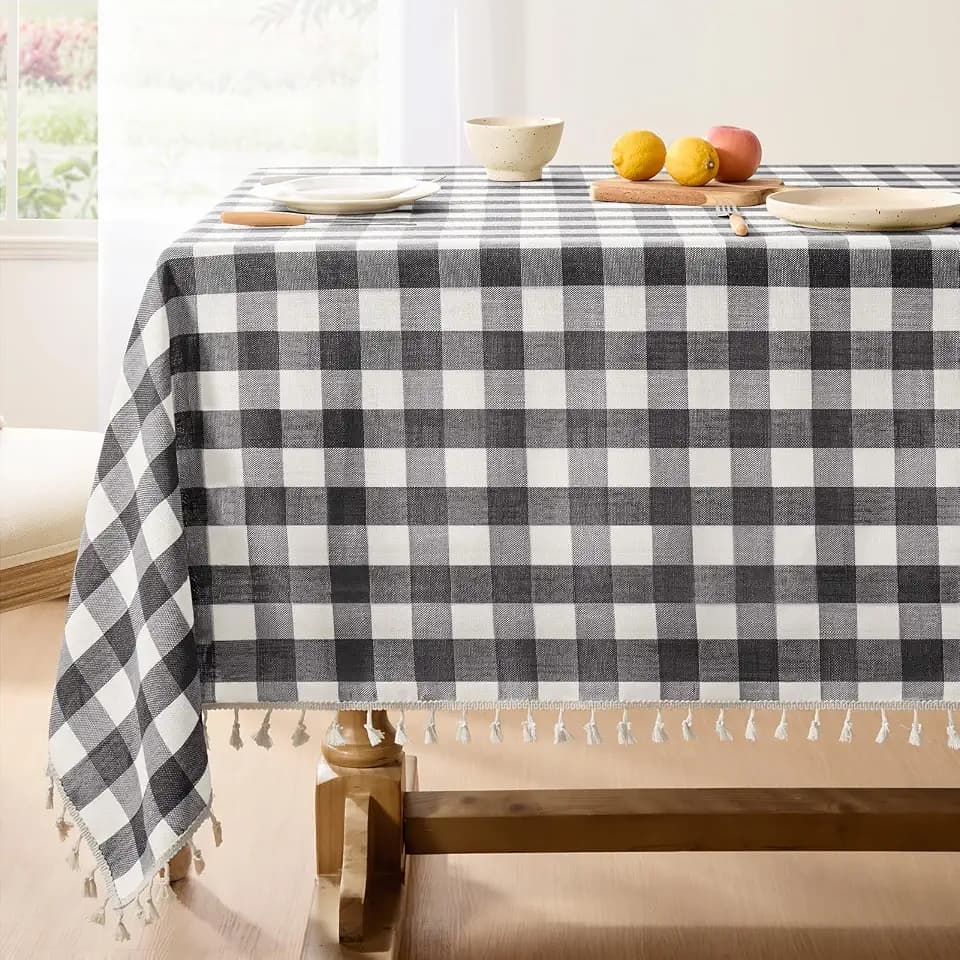Softalker Gingham Square Tablecloth with Tassel, Black, 55" x 55"