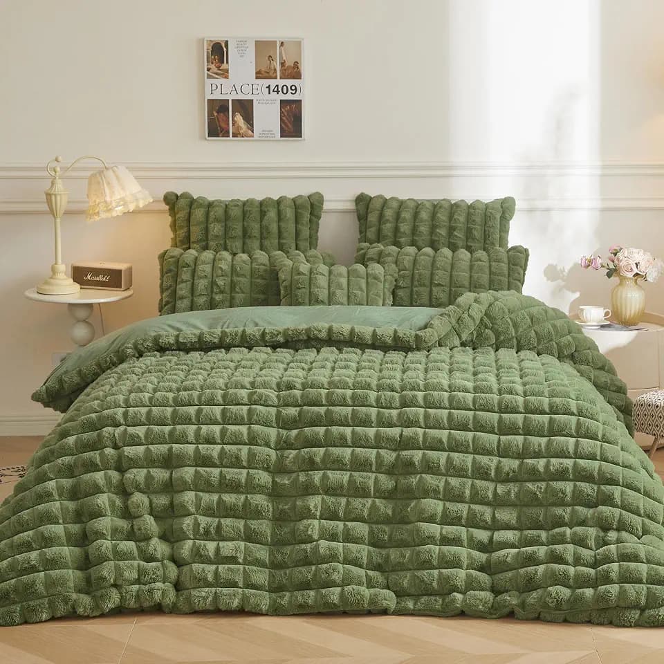 MEGO Fluffy Bubble Faux Rabbit Fur Duvet Cover Set Twin 2 PCS, Sage Green