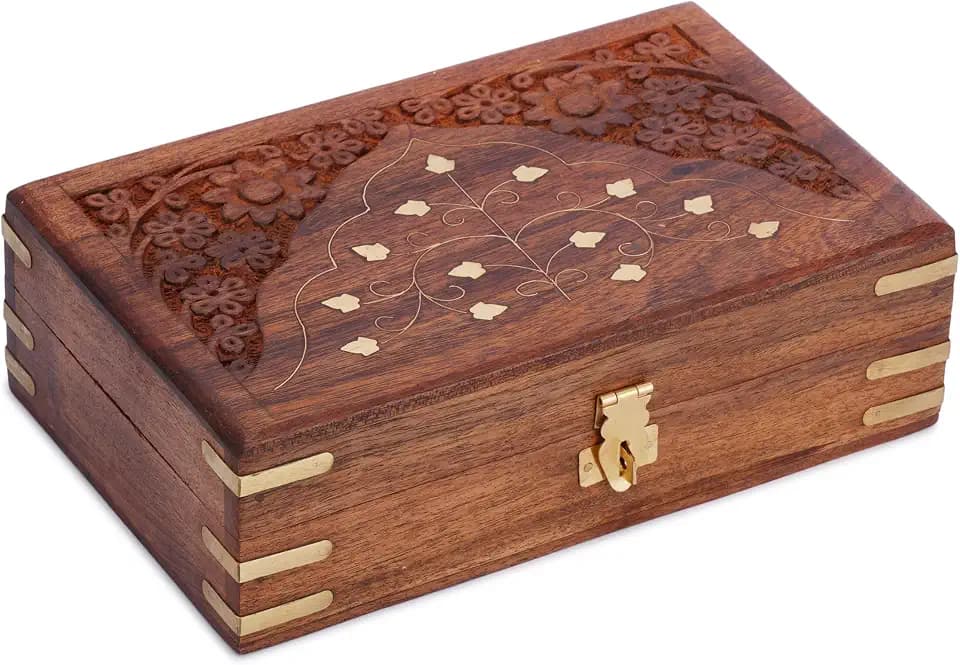 Ajuny Wooden Jewellery Box Brass Inlay Hand Carved Keepsake Chest 8x5