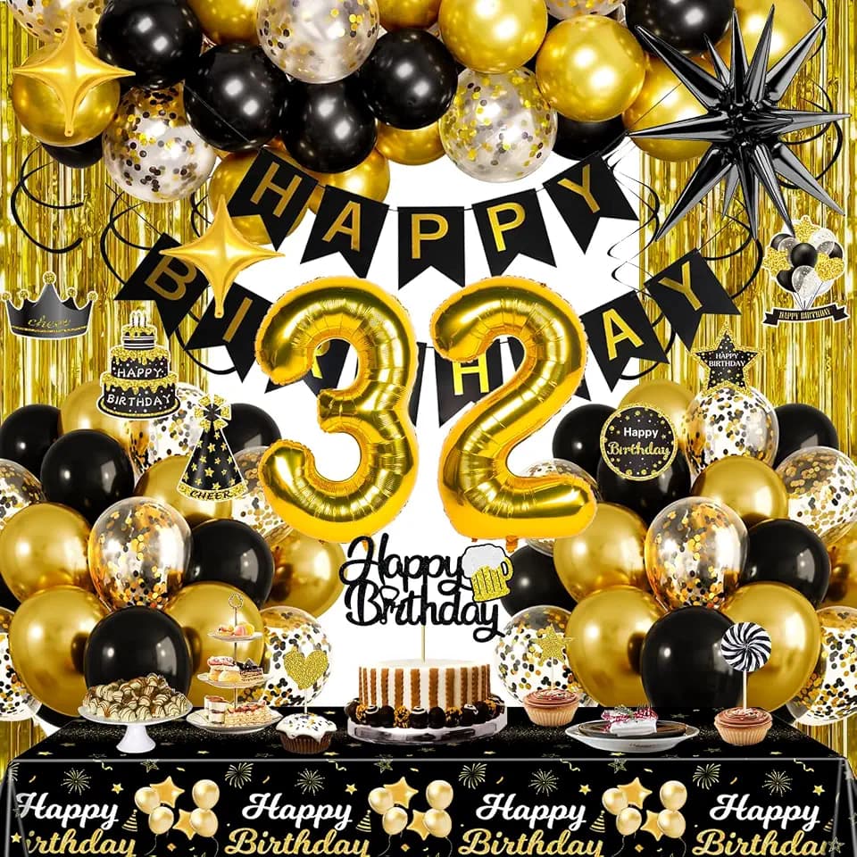 Black and Gold 32nd Birthday Decorations for Men Women, Gold Party Decorations include Happy Birthday Banner, Tablecloth, Fringe Curtains, Star Foil Balloons for 32nd Birthday Decorations