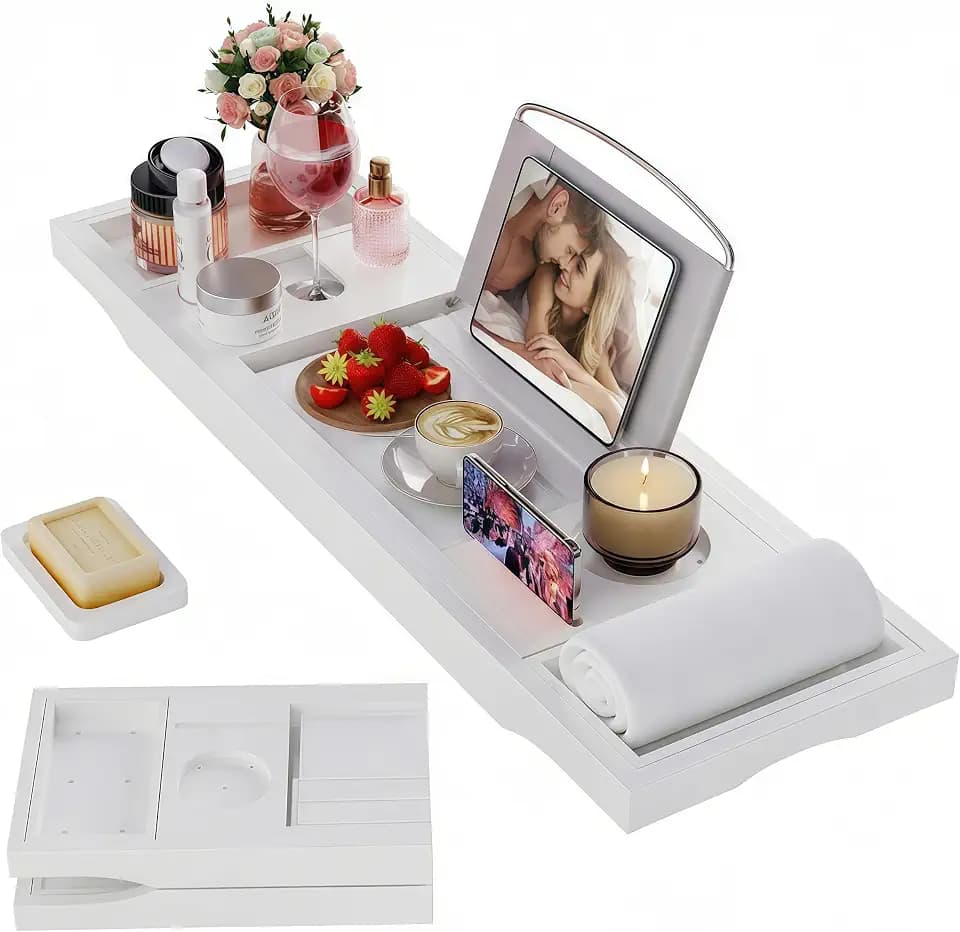 Foldable Bathtub Tray Caddy with Soap Dish Adjustable 29.5-43''White