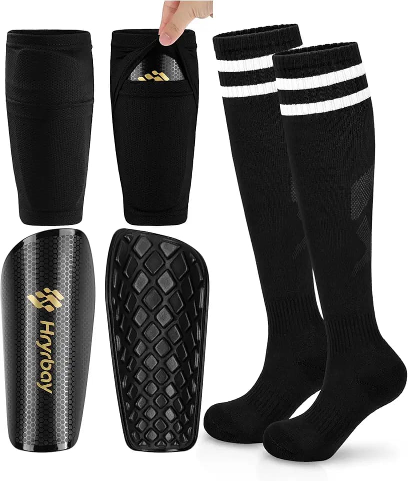 Hryrbay Kids Soccer Shin Guards with Sleeves and Socks Youth Shin Pads Set