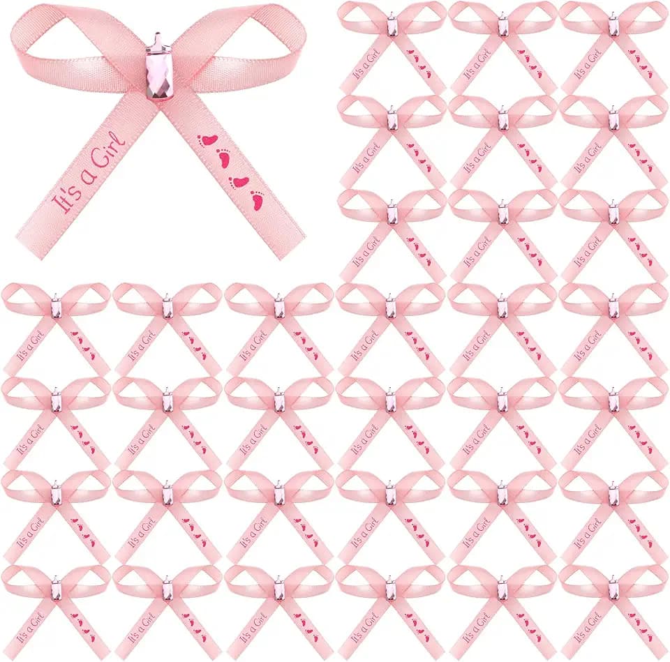 Juexica 100 Pcs Baby Shower Ribbons Pink Bows 3" Satin Premade It's a Girl Foot Print Ribbon for Baby Shower Gender Reveal Birthday Party Gift Wrapping Decor