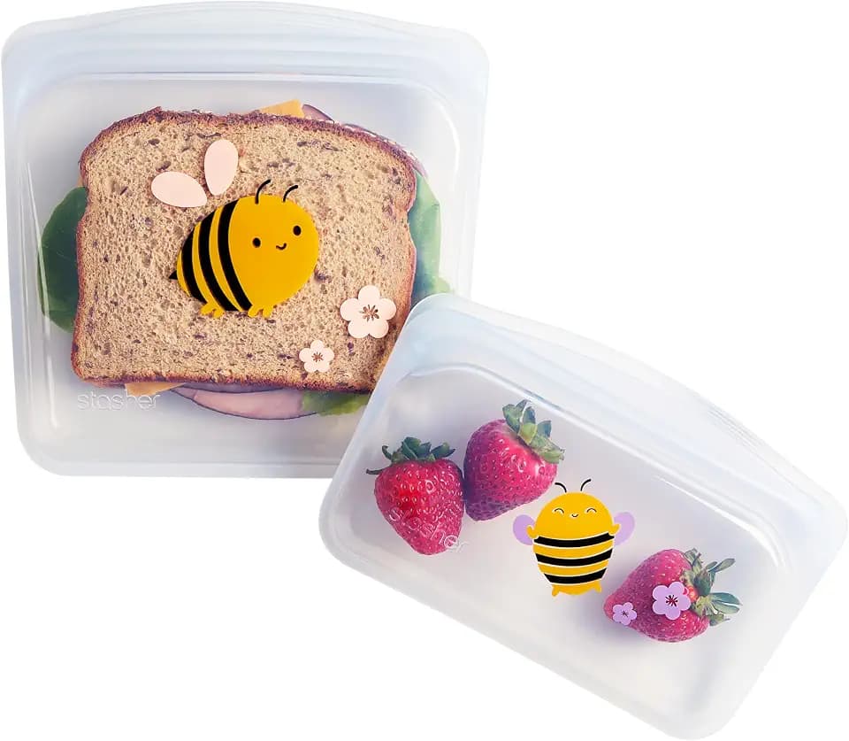 Stasher Reusable Silicone Kids Lunch Set, 2-Pack, Bee, Snack and Sandwich