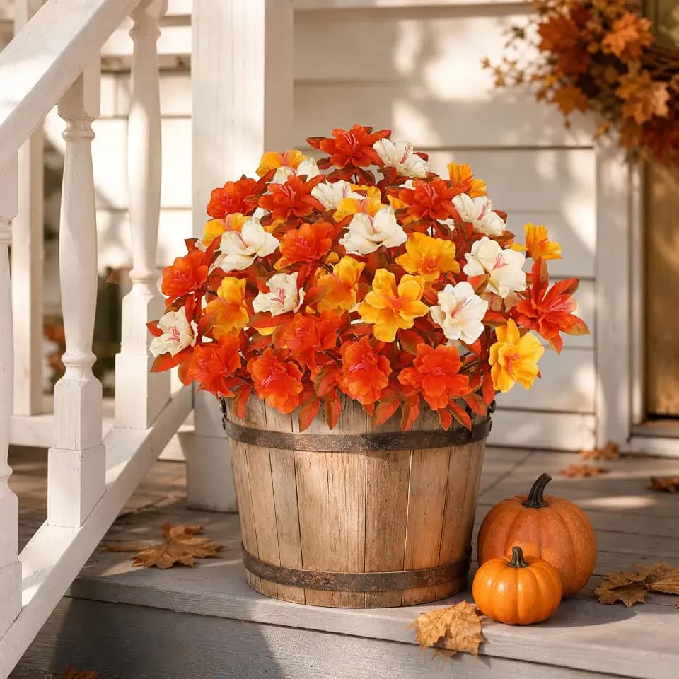 Hollyone 3Pcs Artificial Azalea Plants Stems Fall Rhododendron Flowers for Outdoor Fake Azalea Flower 12.9" Long Stem Orange Silk Flower Faux Arrangements Bouquet Bush Autumn Decoration for Home Decor
