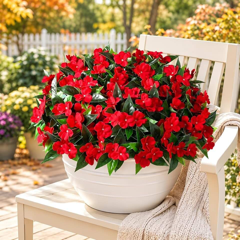 Livole 6 Bundles Artificial Impatiens Flowers for Outdoors, Realistic Fake Outdoor Flowers Impatiens UV Resistant Artificial Outdoor Flower for Outside Faux Flower Plants for Garden Home Decor, Red