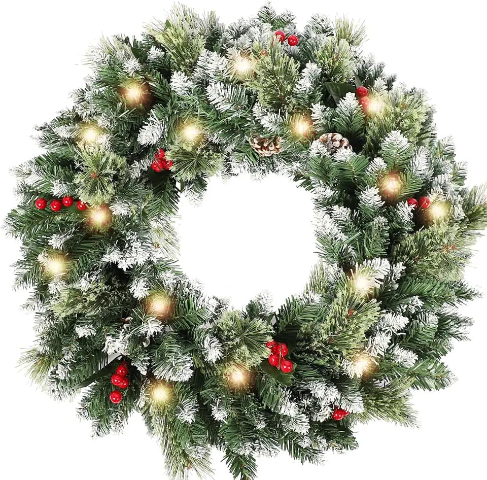 HipTree 24 Inch Lighted Christmas Wreaths for Front Door with Lights