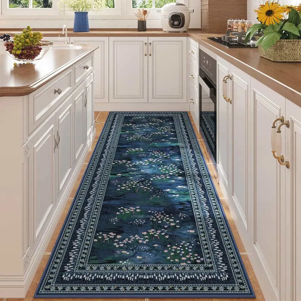 Rugcomf Runner Rug 2'7"x8' Washable Vintage Impressionist-Style, Blue