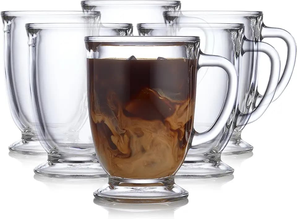 Libbey Kona Glass Coffee Mugs Set of 6, Elegant 16 Ounce Clear Tea Cup Set , Dishwasher Safe Glass Mugs with Handles for Tea, Coffee,and Espresso