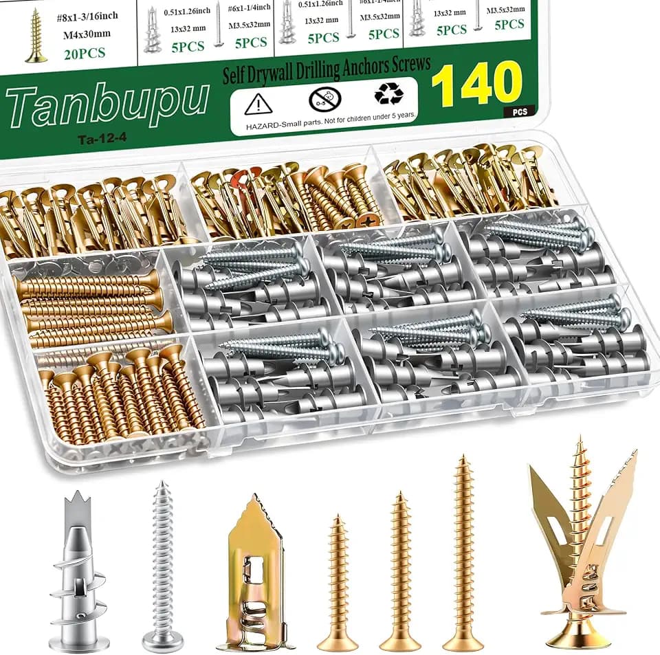 Drywall Anchors with Screws Kit, 140PCS Self Drilling Wall Anchors and Screws Assortment,Heavy Duty Sheetrock Anchors for Picture Hanging, Shelves, Wall Decor,No Drill Needed,Holds Up to 66LB on Walls
