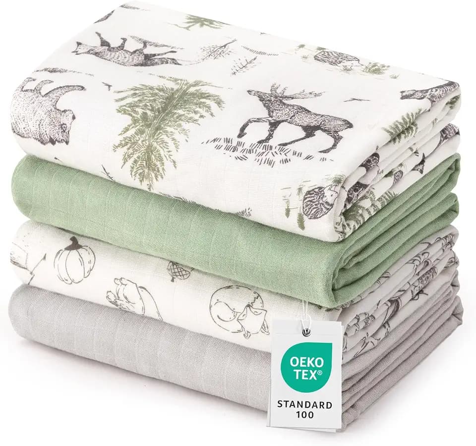 david's kids 4 Pack Organic Rayon Derived from Bamboo & Cotton Muslin Swaddle Blankets, Soft Breathable Baby Receiving Blankets, 47 x 47 Inches, Newborn Essentials for Boys and Girls, Animal & Forest