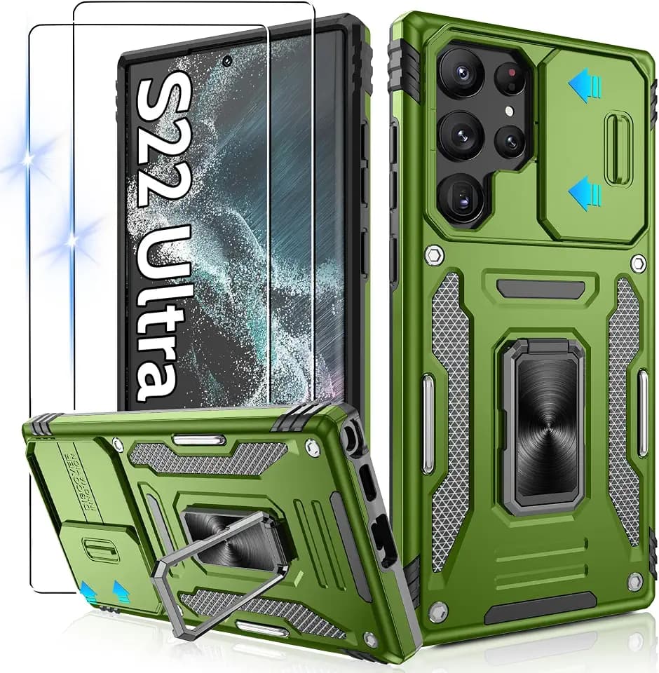 Gritup for Samsung Galaxy S22 Ultra Case with 2-Pack HD Screen Protectors and Slide Camera Cover,14FT Military Grade Drop Protection,Car Mounted Magnetic Rotate Kickstand S22 Ultra Cases,Green