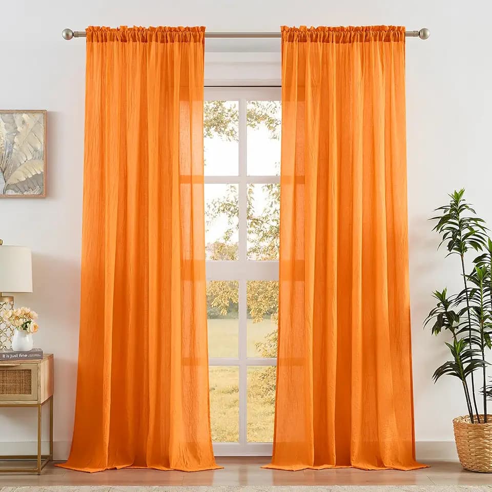 Anpark Elegant Orange Sheer Curtains 90 Inches Long for Living Room, Bedroom Light Filtering Cotton Textured Semi Sheer Curtains Linen Rod Pocket Privacy Voile Drapes, W52 x L90 in, 2 Panels