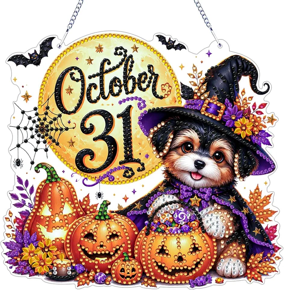 NXIKYO Hanging Halloween Puppy Diamond Art Kits for Adults, Pendant Diamonds Painting Art Witch Dog Kit, Special Shaped Acrylic Diamonds Painting Board Kit Ornament for Wall Window Garden Decor