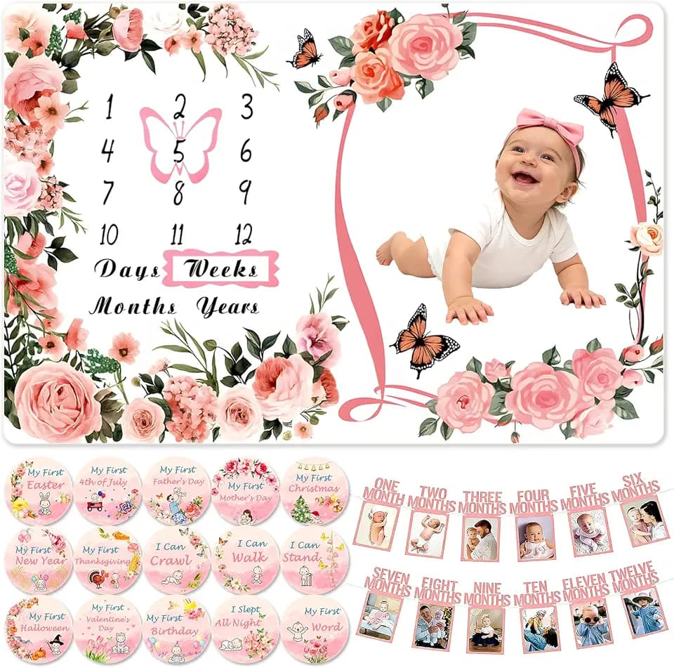 Baby Girl Monthly Milestone Blanket Set 60"x40" Photo Backdrop