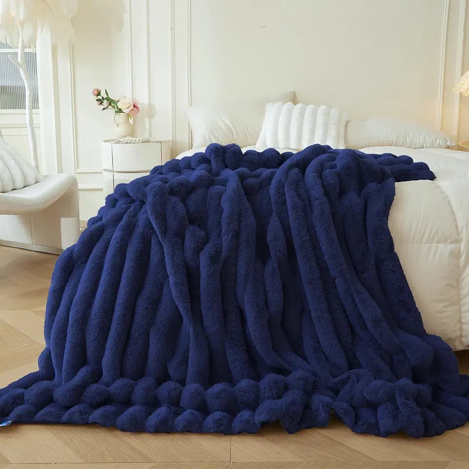 MEGO Fluffy Faux Rabbit Fur Ribbed Throw Blanket 50"x60", Navy Blue