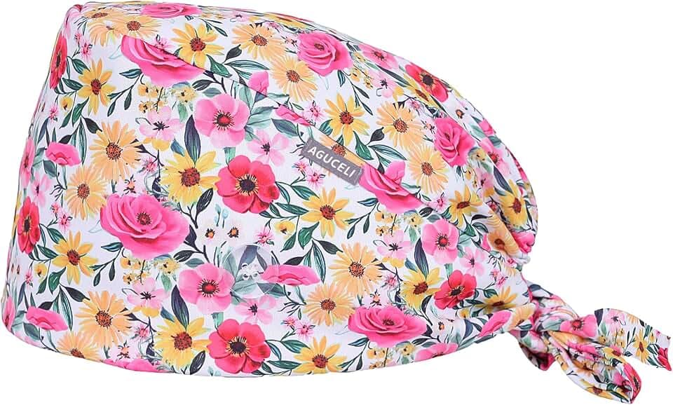 Scrub Caps Women – Adjustable Nurse Cap with Sweatband, Surgical Cap with Mask Buttons, Lovely Floral Print for Long Hair