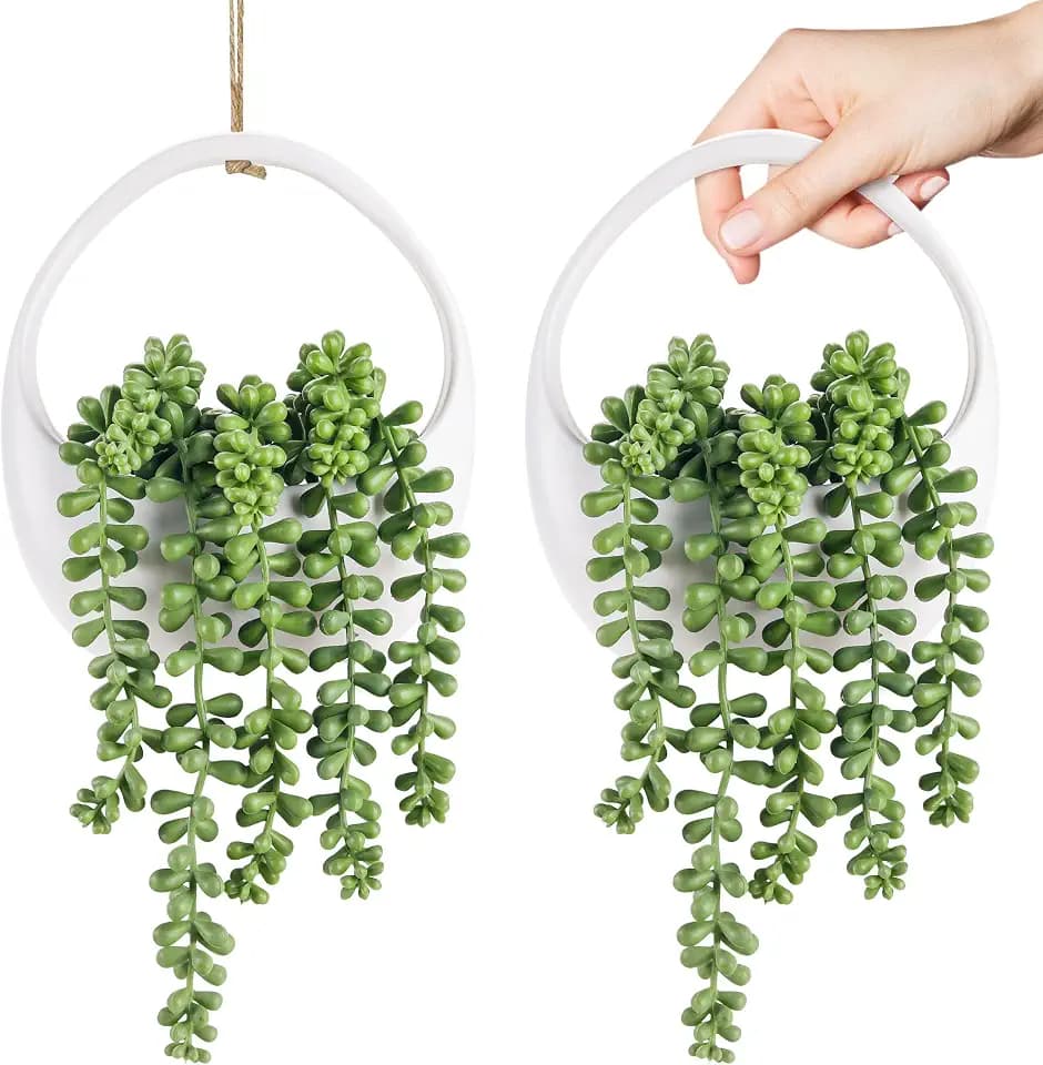 Der Rose 2 Pack Artificial Hanging Plants in White Pots for Boho Wall Decor