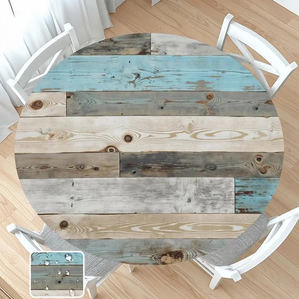 Farmhouse Round Fitted Tablecloth with Elastic Edge Rustic Wood Grain Shabby Chic Circle Table Cloth for 40-44" Tables Vintage Wooden Texture Wipeable Waterproof Table Cover for Outdoor Picnic Party