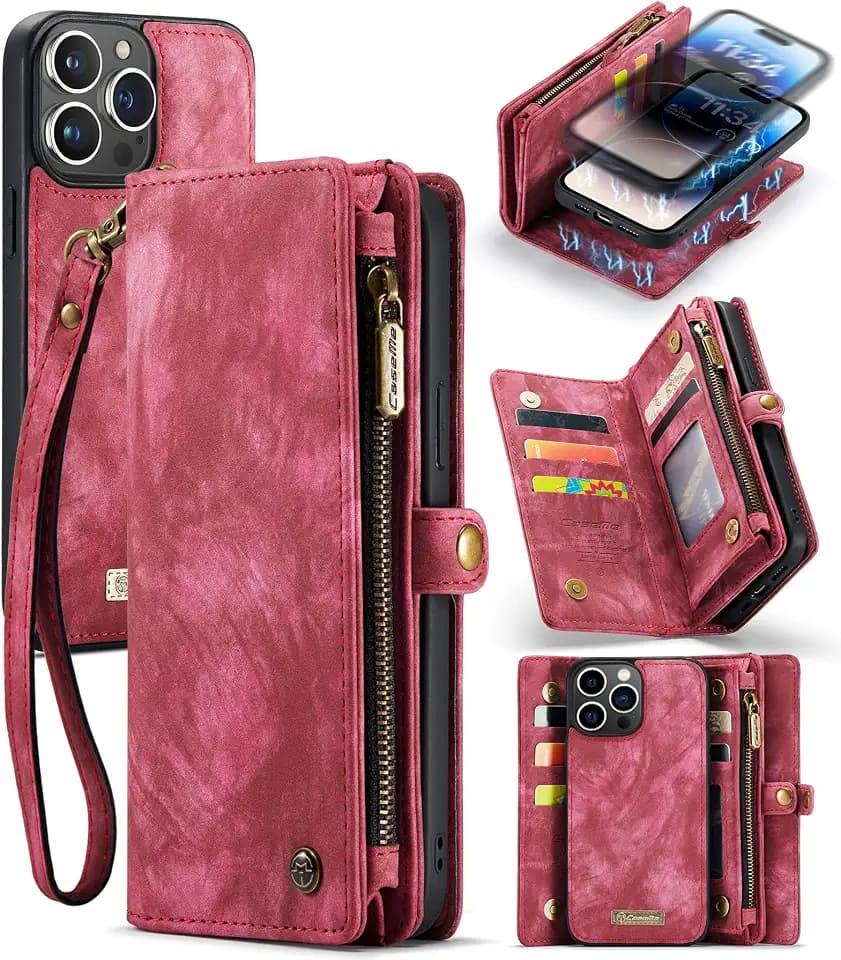 für iPhone 14 Pro Max Hülle, Flip Leder TPU Stoßfeste Kartenfach Tasche Handyhülle für iPhone 14 Pro Max, Magnetisch Kratzfest Abnehmbare Reißverschluss mit Band Schutzhülle Cover, Rot