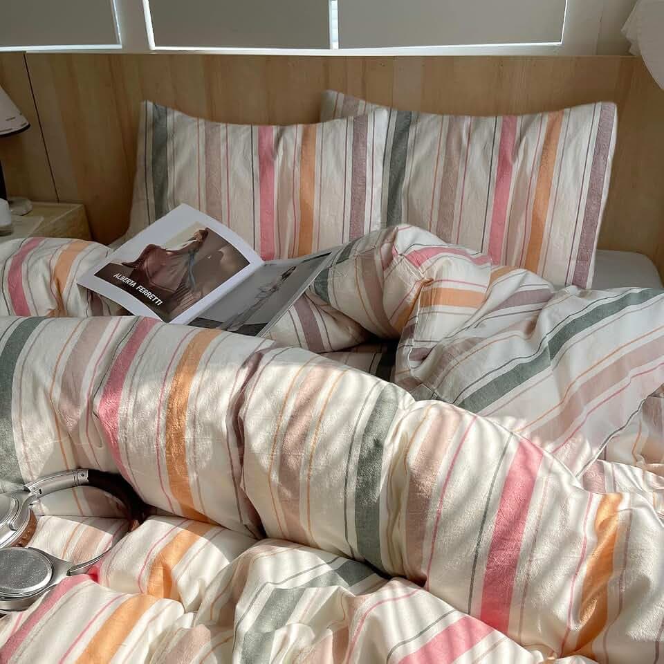 mixinni Pastel Rainbow Stripes Comforter Set Full 3 Piece - Striped Bedding Set with Fluffy Comforter & 2 Pillowcases, Lightweight All Seasons, Sweet Boho Aesthetic for Girls Women Teens