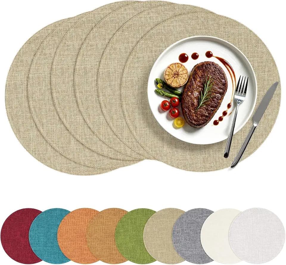 homing Cotton Linen 15 Inch Round Cloth Place mats, Set of 6, Linen