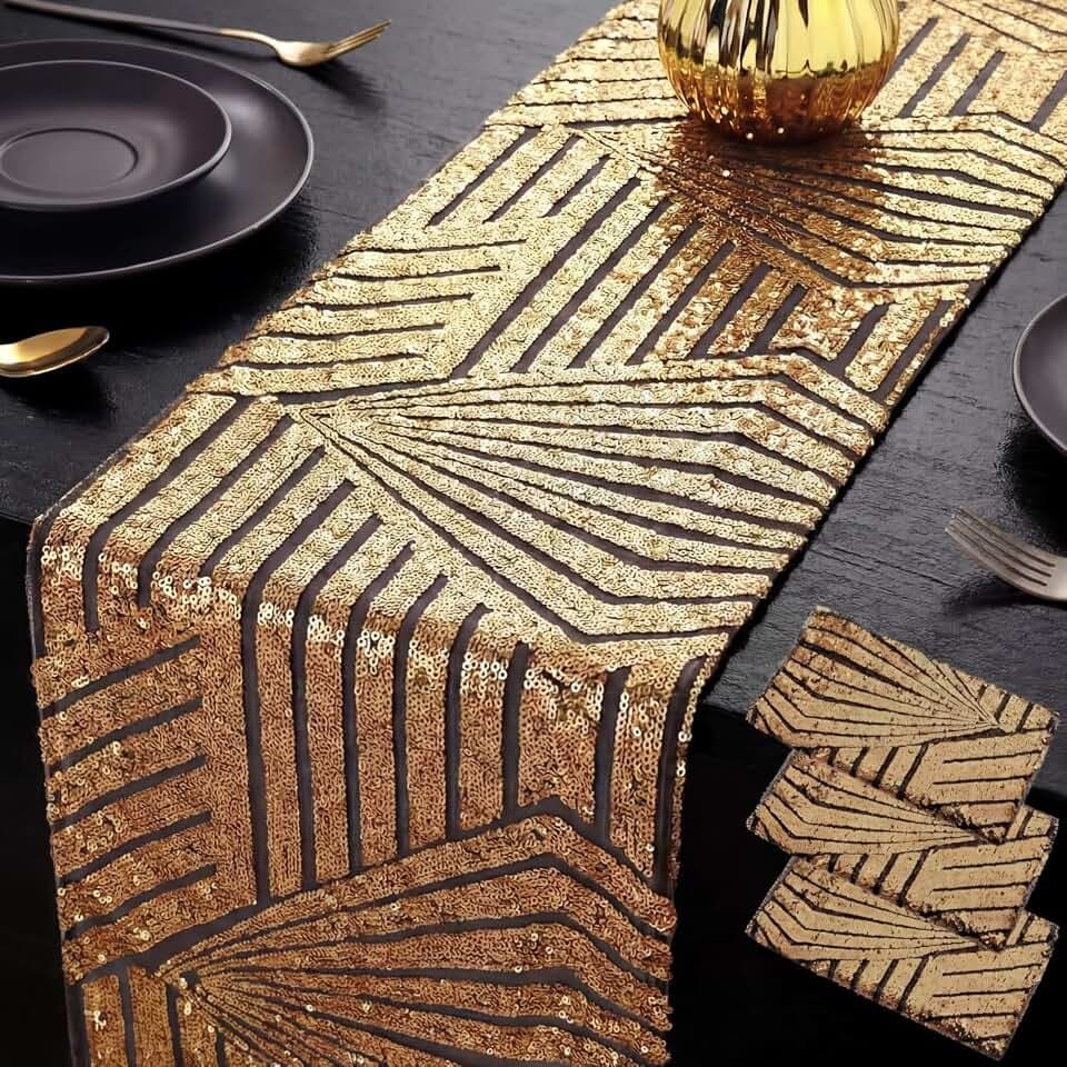 Peryiter 3 Pcs Roaring 1920's Table Runners Decorations 12 x 108 Inch Great 20's Black and Gold Table Runner Sequin Reusable Tablestrip for 1920s Vintage Speakeasy Wedding Party