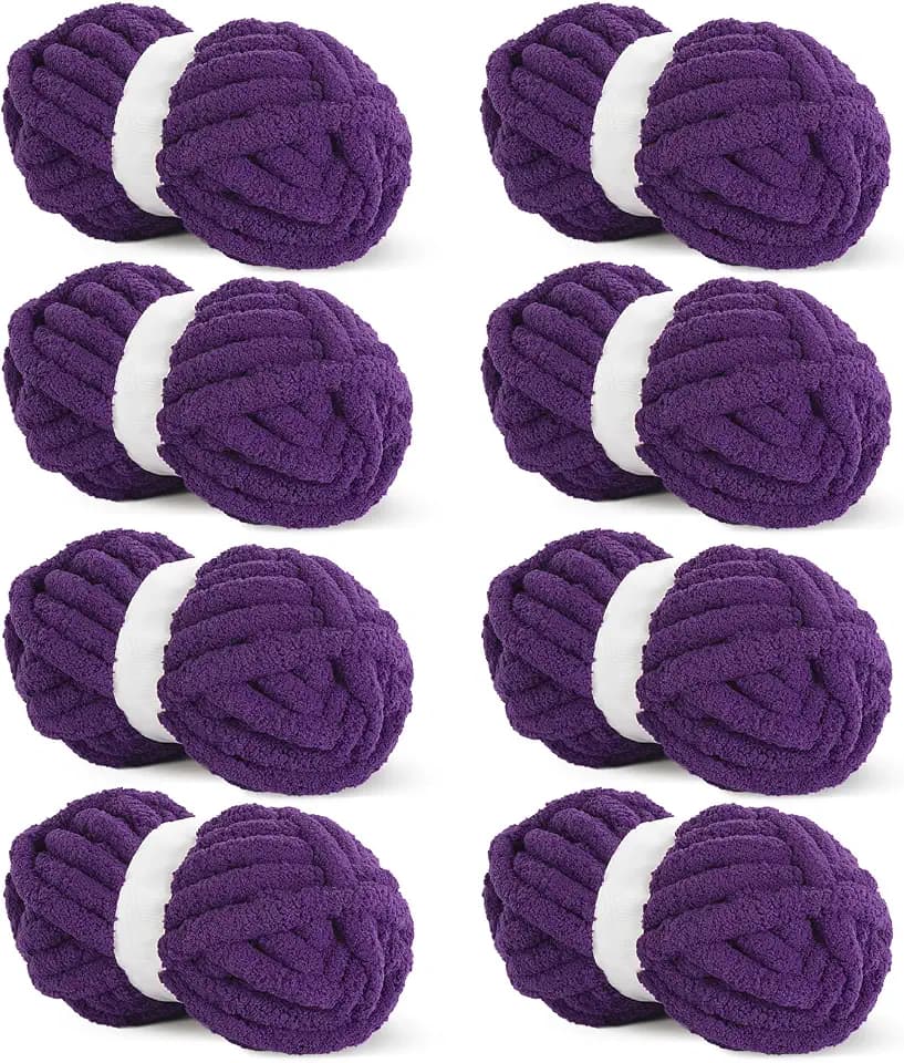 Hombys Dark Purple Chunky Chenille Yarn for Crocheting and Knitting, Super Bulky Thick Fluffy Yarn for Hand Knitting Blanket, Soft Plush Yarn, 8 Jumbo Pack (27 yds, 8 oz Each Skein)