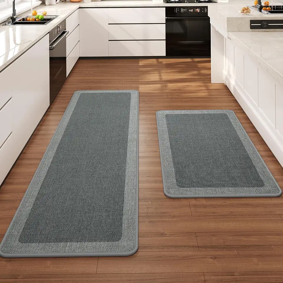 Kitchen Rugs Set of 2, Non Slip Rubber Backing, 17"x30"+17"x47" Grey