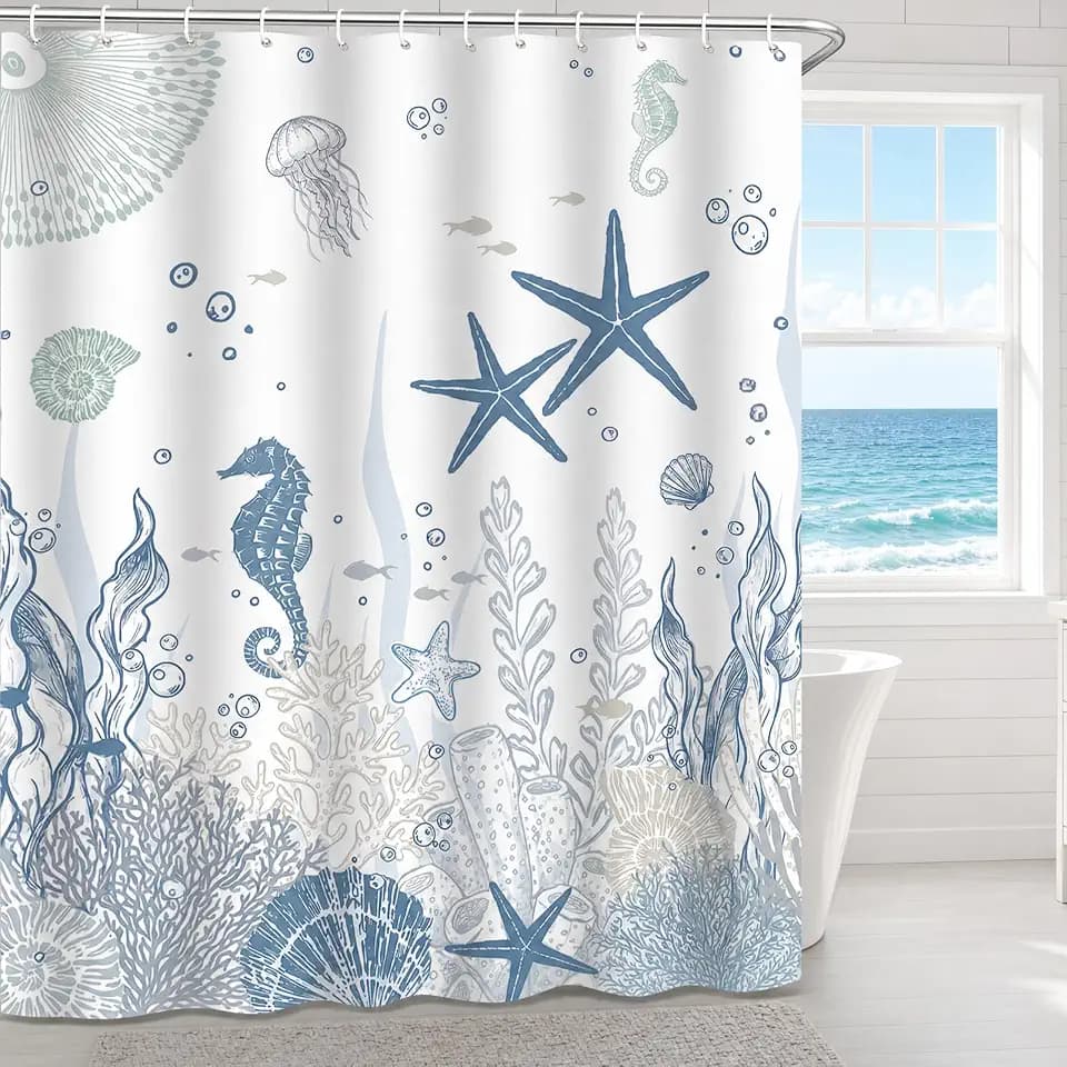 Nautical Coastal Starfish Seahorse Shower Curtain Blue Ocean Beach Jellyfish Coral Marine Life Summer Bathroom Decor Waterproof Fabric Bath Curtain 72 x 72 Inch with 12 Hooks