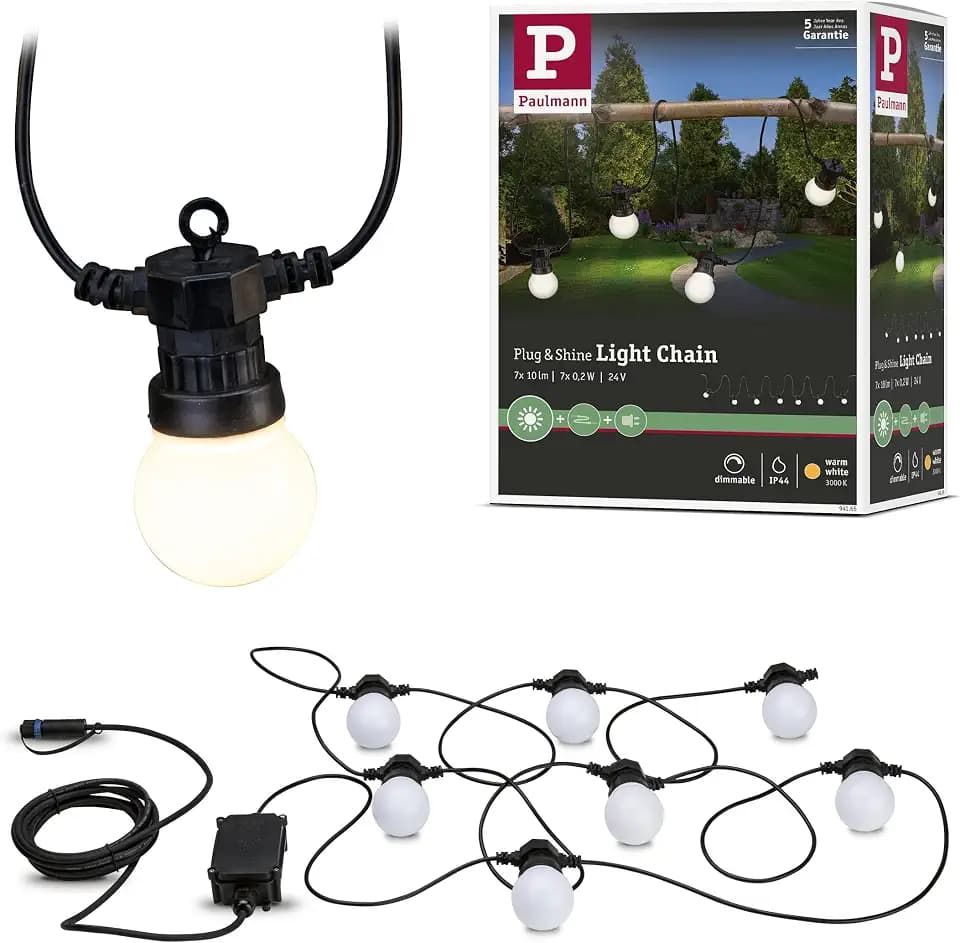 Paulmann 94165 Plug & Shine Lichterkette IP 3000K 7x5lm 24V 94165 Lichtband Aussenleuchte Dekobeleuchtung Terassenbeleuchtung