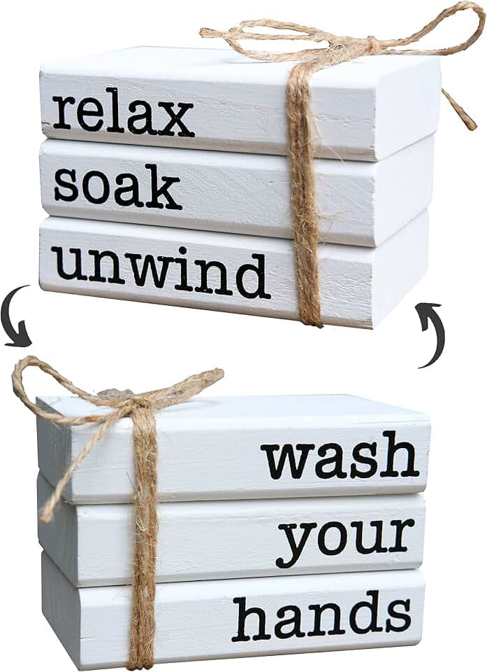 Farmhouse Mini Bookstack for Bathroom Decor Wooden Books for Restroom Shelf Decorative Accent for Guest Bathroom Sign, 2 Signs in 1 Reversible - Wash Your Hands/Relax Soak Unwind