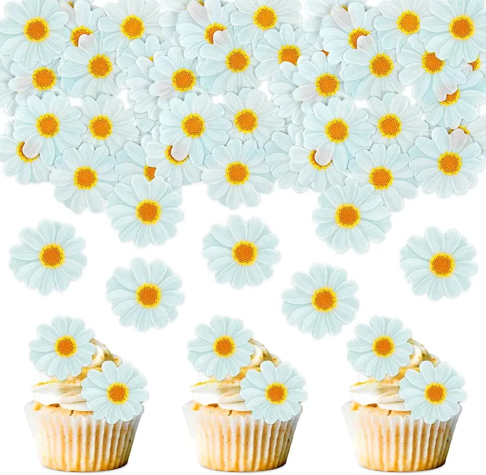 40PCS Edible Daisy Cupcake Toppers White Daisy Flower Cupcake Picks for Spring Flower Baby Shower Girls Birthday Party Drink Toppers Bridal Engagement Wedding Anniversary Party Decorations Supplies