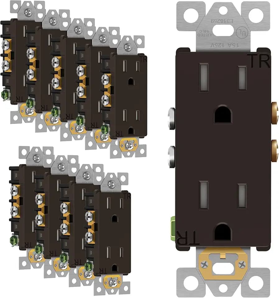 ENERLITES Decorator Receptacle Outlet, Tamper-Resistant, Residential Grade, 3-Wire, Gloss Finish, Self-Grounding, 2-Pole, 15A 125V, UL Listed, 61501-TR-BR, Brown, Wall Plate Not Included (10 Pack)