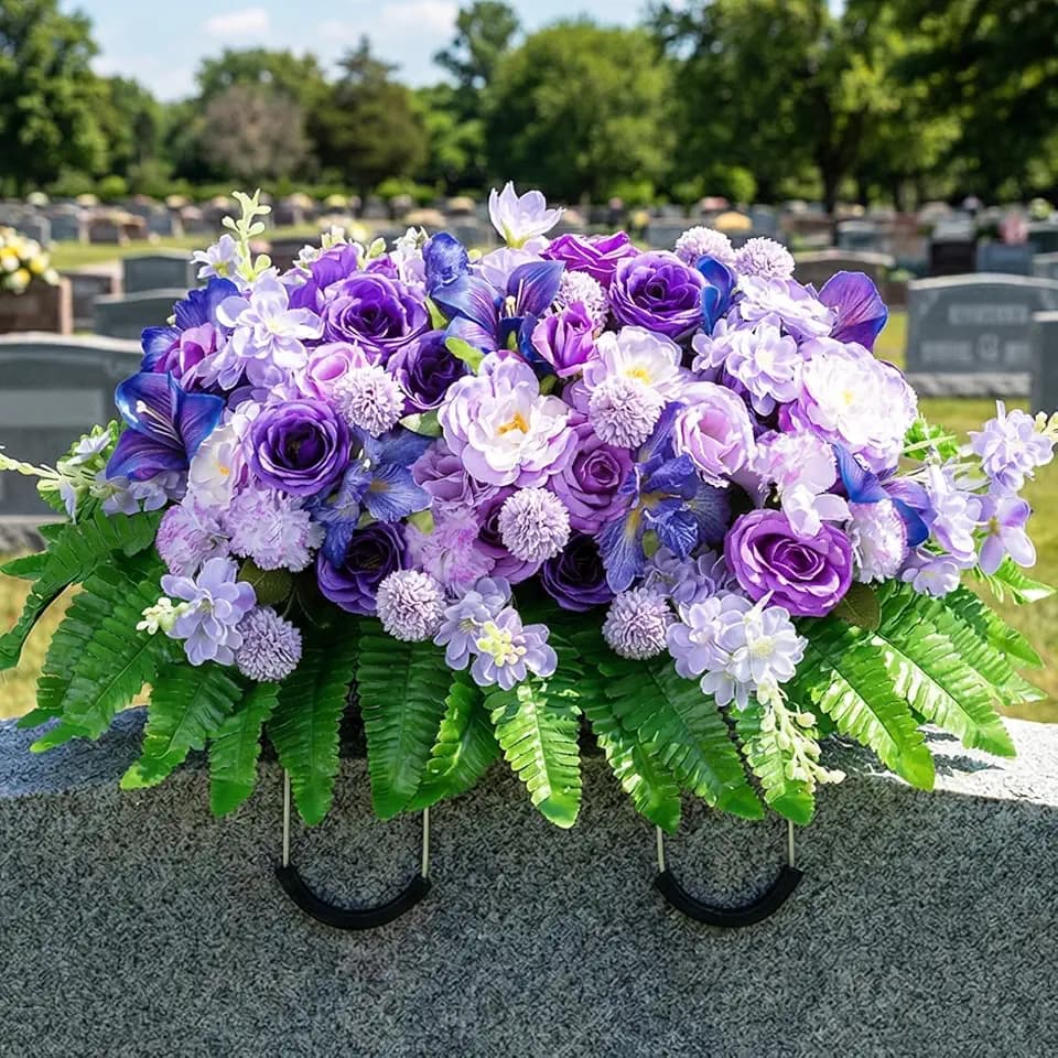 Cemetery Flower Saddles for Headstones: Purple Grave Decorations