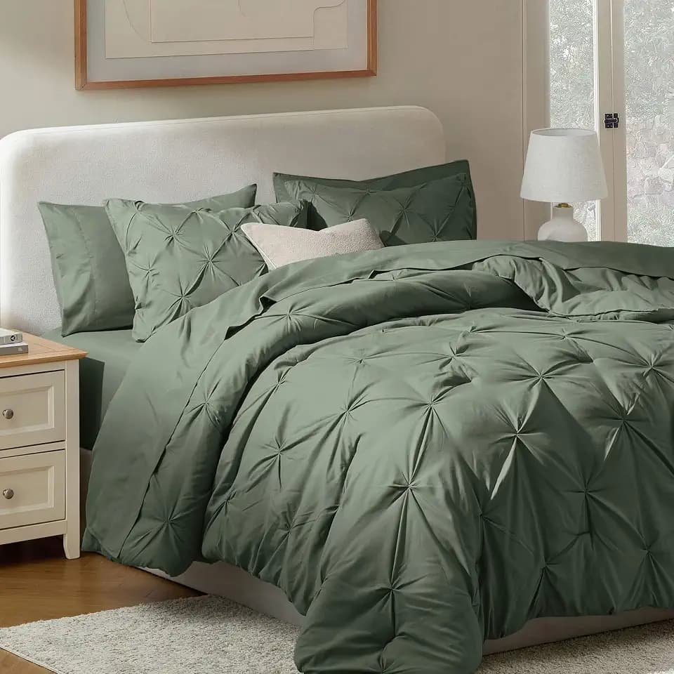 Nestl 9 Piece King Comforter Set – Olive Green Pinch Pleated Bed in a Bag – Complete King Size Bedding Set with Sheets, Set of 2 Cooling Pillows, Pillowcases and Shams