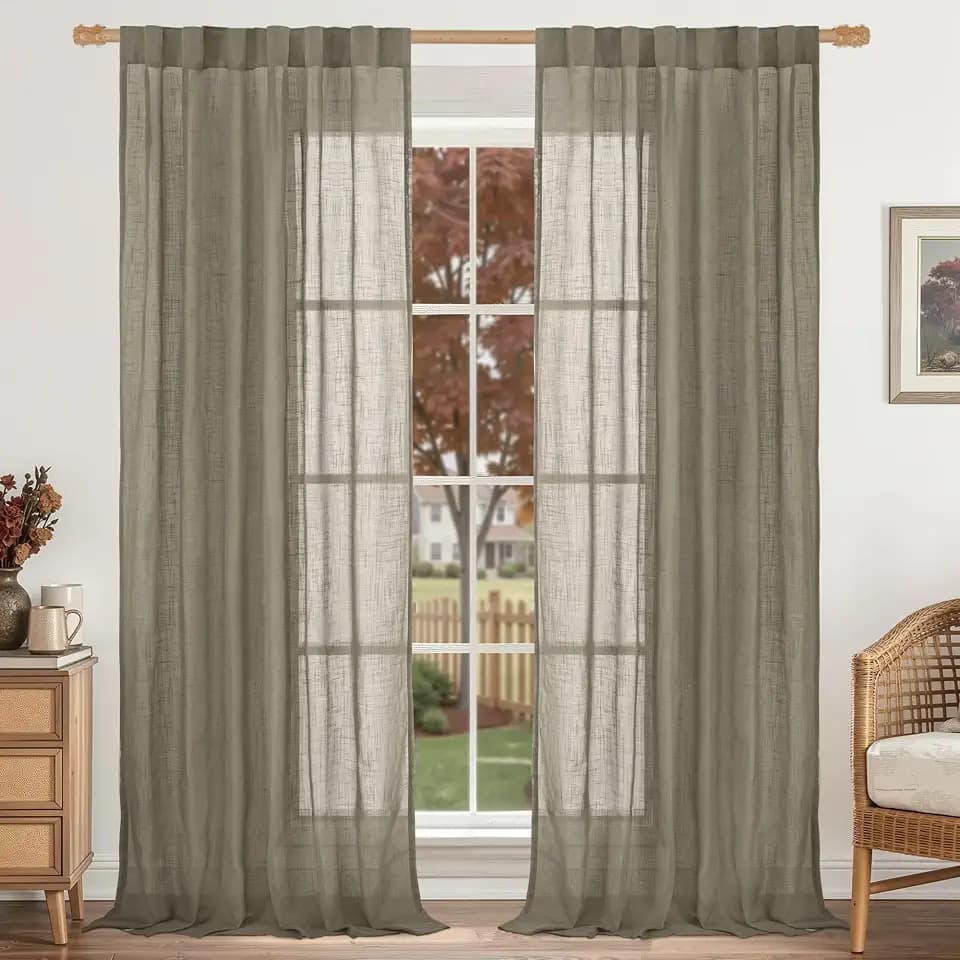 LAMIT Linen Semi Sheer Curtains 96 inch Length 2 Panels Set, Taupe