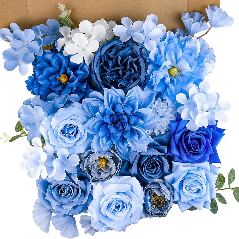 Artificial Flowers for Home Decorations: Blue Silk Fake Flowers Bulk Boxed Set, Peony Roses Bouquets with Stems for Table Centerpiece, DIY Wedding, Bridal Shower, Graduation Cap & Tea Party
