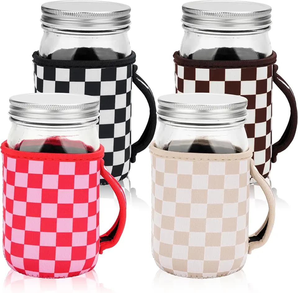 KJQJLY 4 Pcs Mason Jars Sleeves Neoprene 32oz Regular and Wide Mouth Mason Jar Sleeves Holder with Handle (Checkered, 32 OZ)