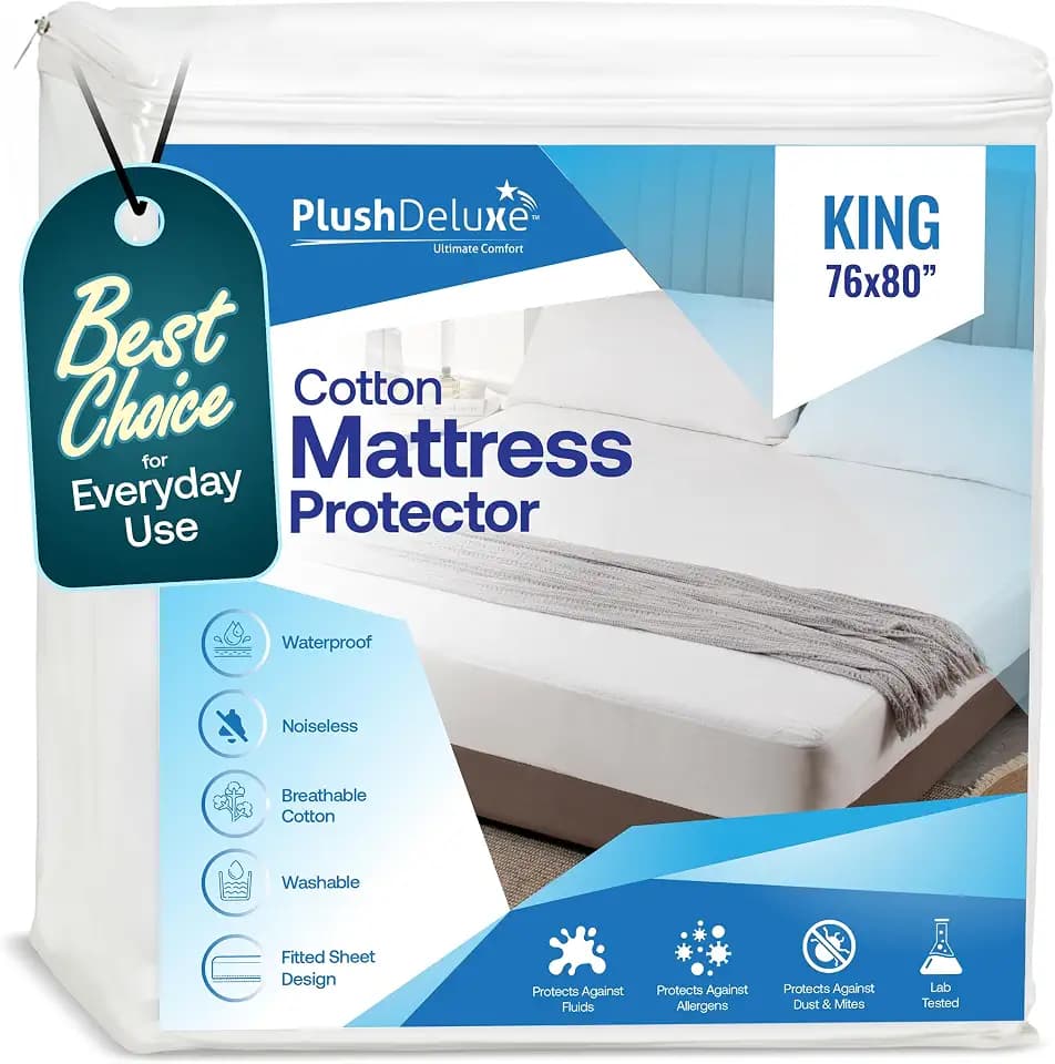 PlushDeluxe Waterproof King Mattress Protector, Terry Cotton