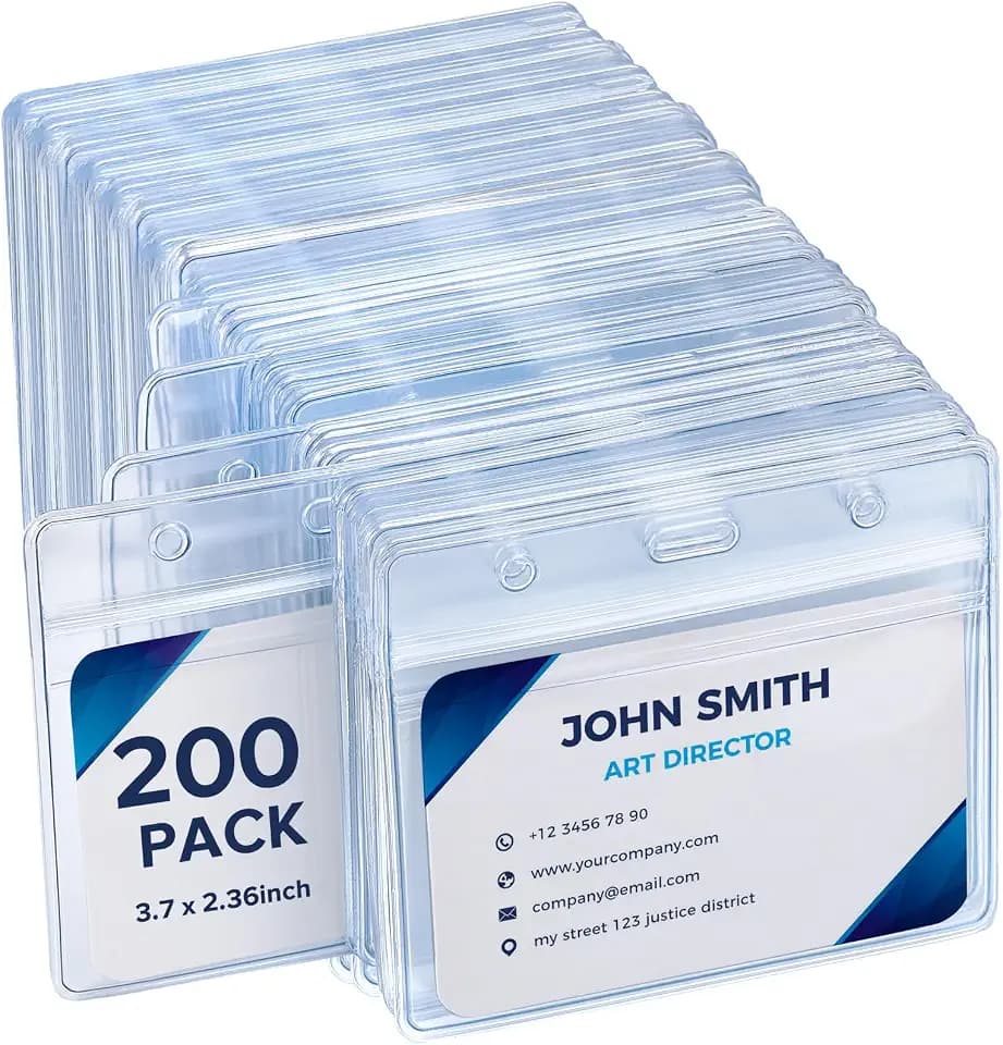 200 Pack Horizontal Badge Holders, Clear PVC Id Card Sleeves, Zip Top