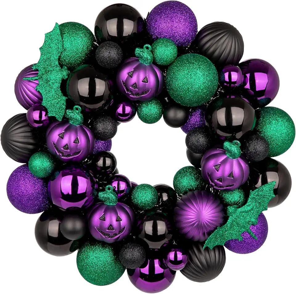 Halloween Wreath for Front Door, 13 inch Small Halloween Ball Wreath with Pumpkins Bats Shatterproof Front Door Wreaths Green/Purple/Black Ball Ornament for Wall Mantel Porch Indoor Outdoor Decor