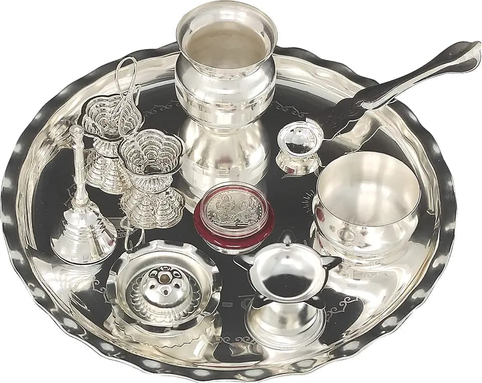 Pooja Thali Set Silver Plated 9.5 Inch with Puja Items Plate Kalash Palli Diya Kumkum Holder Bowl Dhup Dan Coin Ghanti with Thali for Home Mandir Office Diwali Wedding Return Gift Items