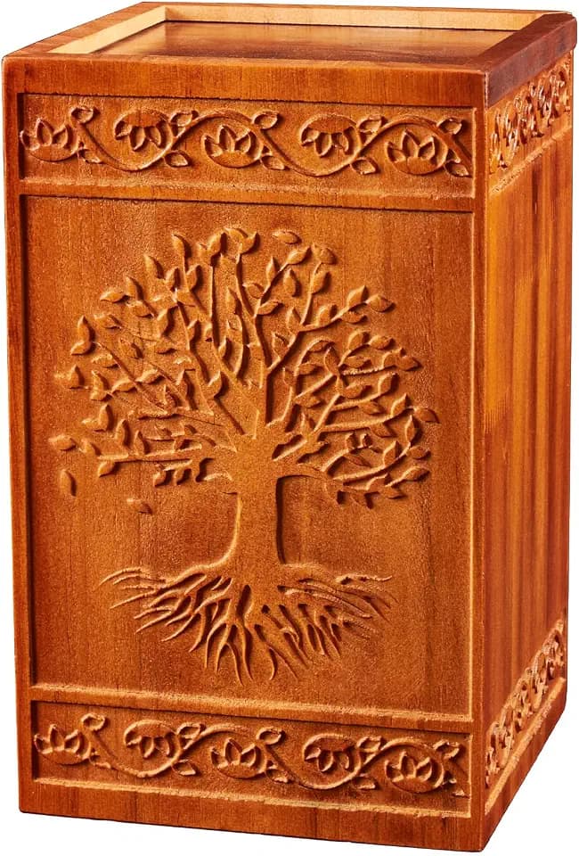 Nyutu Urn for Ashes Adult Male, 6x6x10 Inches Large Hand Craved Natural Decorative Funeral Tree of Life Wooden Urns for Human Ash Adult Man/Dad/Father/Mom/Female