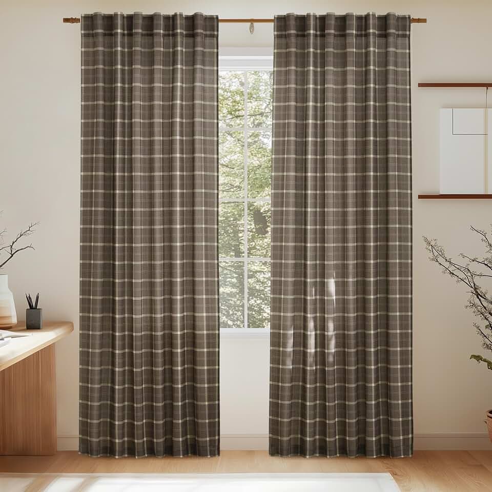 NICETOWN Plaid Linen Gingham Curtains 108 inches Long for Living Room