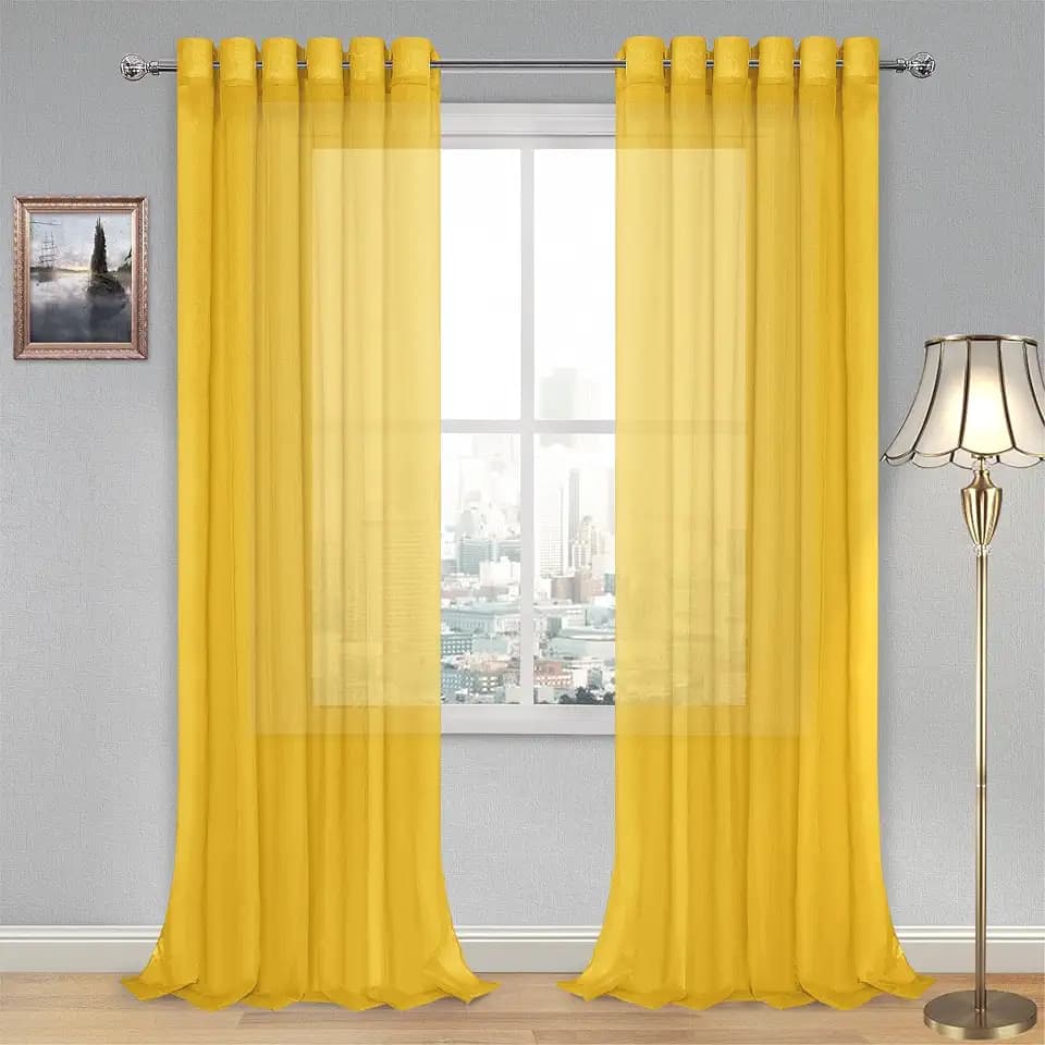 DWCN Sheer Curtains, Semi Sheer Grommet Window Curtains, Extra Long Faux Linen Voile Sheer 95 Inches Curtains Drapes Treatment for Living Room Bedroom Set of 2 Panels 70 x 95 Inches Long, Yellow