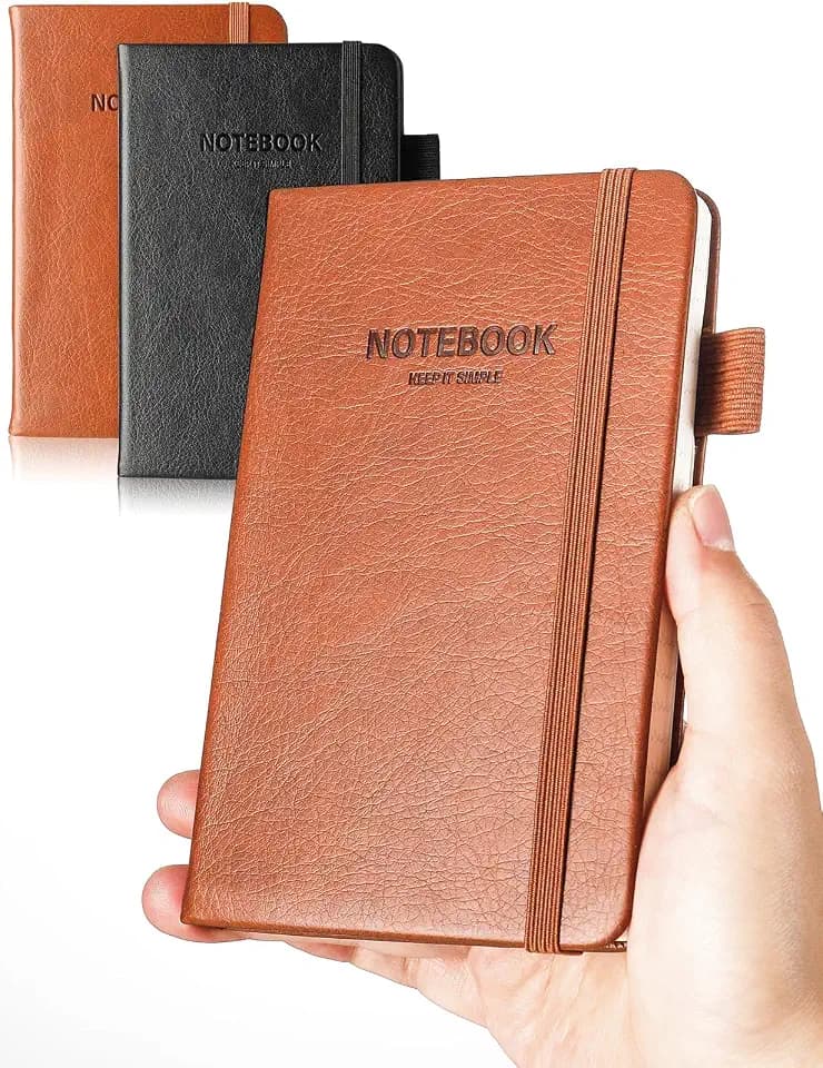 AISBUGUR Pocket Notebook Small Notebook 2-Pack, 3.7" x 5.7" Pocket Notebooks Hardcover with Thick Lined Paper, Inner Pockets, Cover Letter Embossing Design Mini Journal Notepad Black+Brown