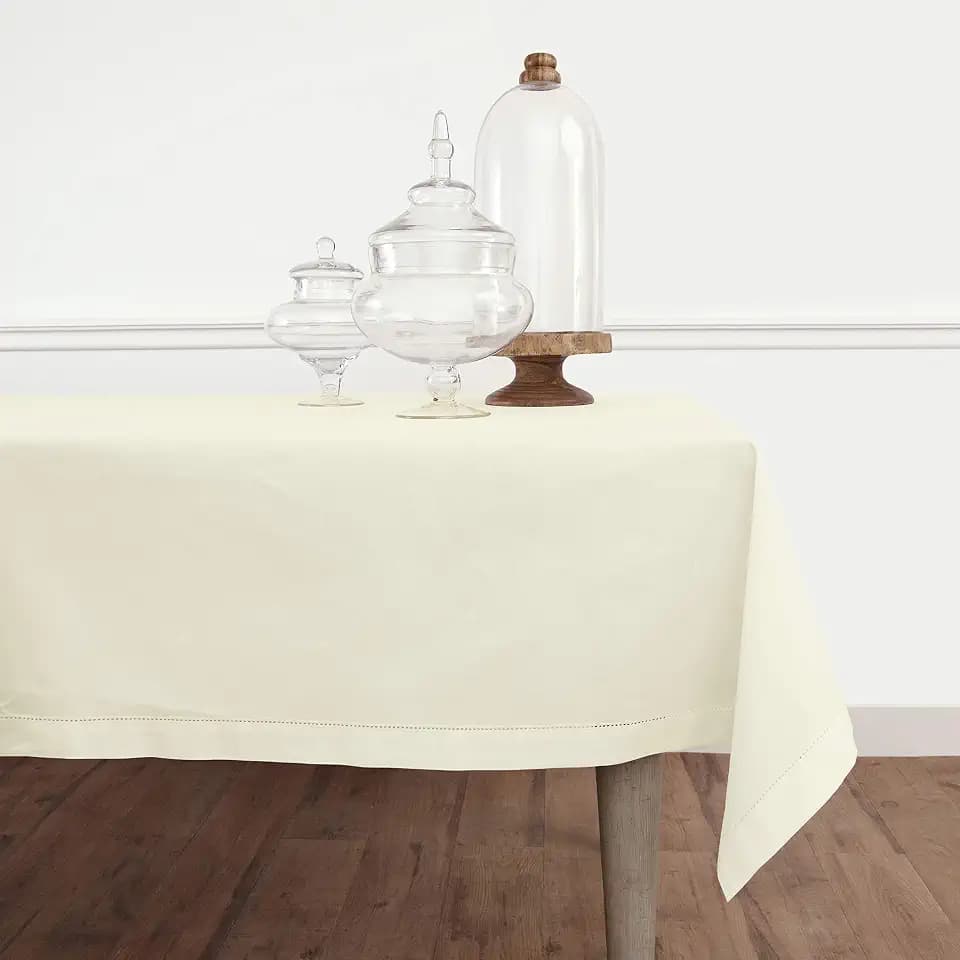 Solino Home Cotton Linen Tablecloth Ivory, Hemstitch Collection 58 x 104 in